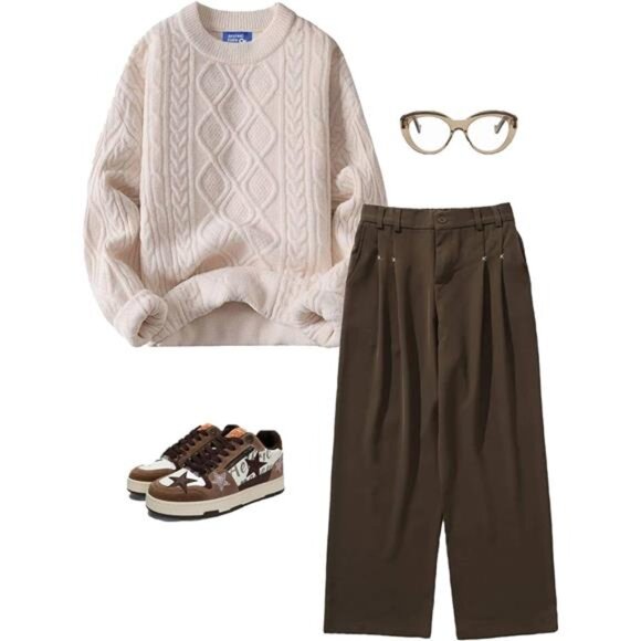 Women’s Oversized Vintage Knit Sweater – Long Sleeve Crewneck Pullover - Picture 5 of 7